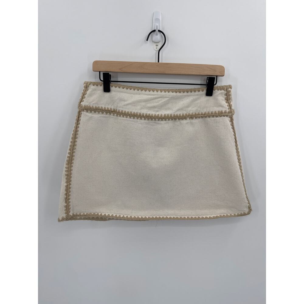 Blank NYC Cotton Denim Mini Skirt Tan Contrast Stitch Raw Edge Size 29